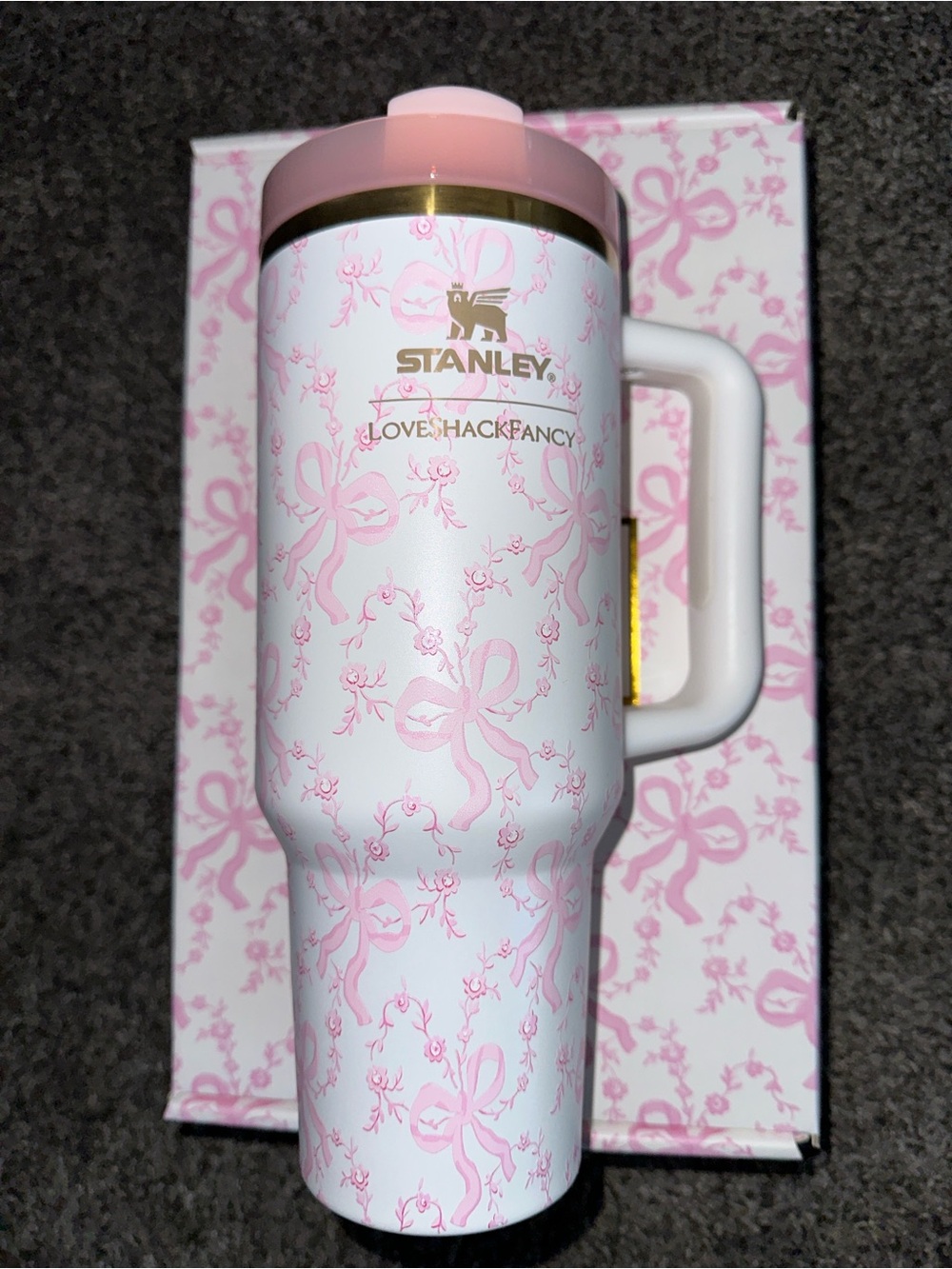 Stanley X White & Pink Floral Travel Mug with Gold Accent - Picture 4 of 6